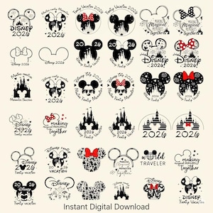 Puede incluir: Una colecci&oacute;n de gr&aacute;ficos de Disney en blanco y negro con siluetas de Mickey Mouse y Minnie Mouse, ilustraciones de castillos y elementos de texto como "2026", "Family Vacation" y "Making Magical Memories Together". Tambi&eacute;n est&aacute; presente la frase "Instant Digital Download".