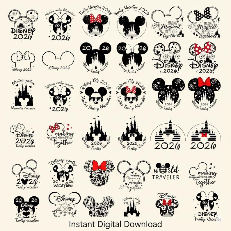 Puede incluir: Una colecci&oacute;n de gr&aacute;ficos de Disney en blanco y negro con siluetas de Mickey Mouse y Minnie Mouse, ilustraciones de castillos y elementos de texto como "2026", "Family Vacation" y "Making Magical Memories Together". Tambi&eacute;n est&aacute; presente la frase "Instant Digital Download".