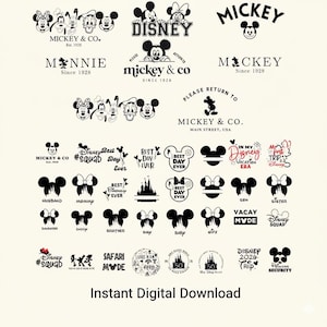 Puede incluir: Una colecci&oacute;n de dise&ntilde;os digitales en blanco y negro con tem&aacute;tica de Mickey Mouse. Incluye logotipos, siluetas de personajes y texto como "Mickey & Co." y "Best Day Ever". Tambi&eacute;n est&aacute; presente la frase "Instant Digital Download".
