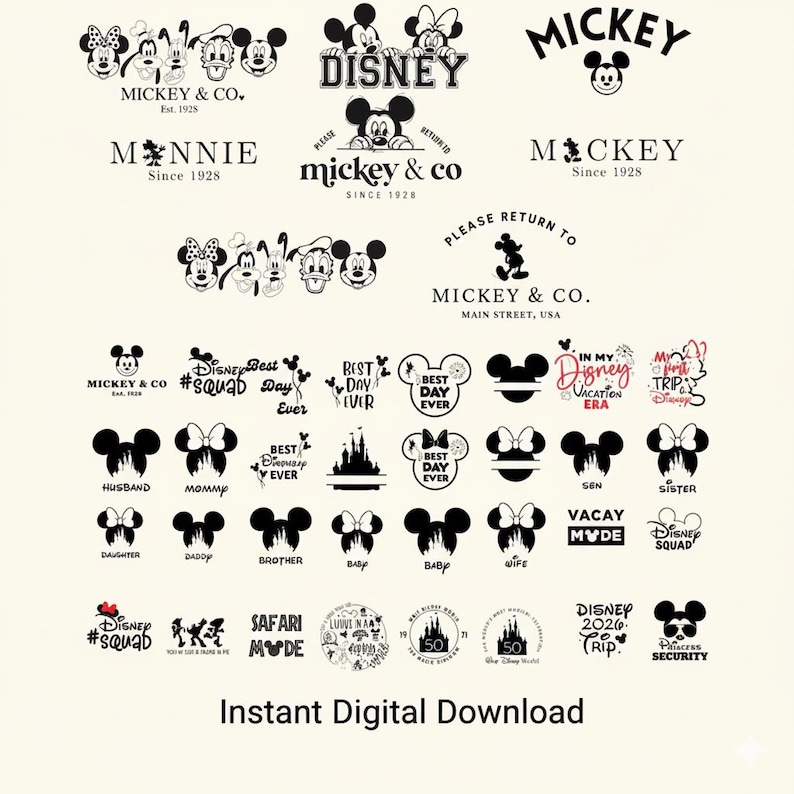 Puede incluir: Una colecci&oacute;n de dise&ntilde;os digitales en blanco y negro con tem&aacute;tica de Mickey Mouse. Incluye logotipos, siluetas de personajes y texto como "Mickey & Co." y "Best Day Ever". Tambi&eacute;n est&aacute; presente la frase "Instant Digital Download".