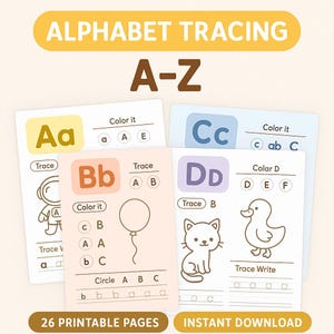 Puede incluir: Tarjetas de trazado del alfabeto A-Z con ilustraciones coloridas. Cada tarjeta presenta una letra, práctica de trazado y actividades para colorear. Incluye 26 páginas imprimibles y descarga instantánea.