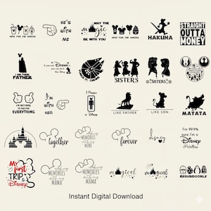 Puede incluir: Una colecci&oacute;n de dise&ntilde;os de descarga digital en blanco y negro con temas de Disney y Star Wars. Incluye frases como "Hakuna Matata", "Sisters" y "I'm 99.9% sure I'm a Disney Princess". Tambi&eacute;n est&aacute; presente el texto "Descarga digital instant&aacute;nea".