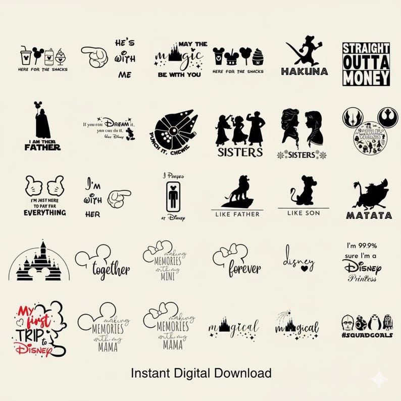 Puede incluir: Una colecci&oacute;n de dise&ntilde;os de descarga digital en blanco y negro con temas de Disney y Star Wars. Incluye frases como "Hakuna Matata", "Sisters" y "I'm 99.9% sure I'm a Disney Princess". Tambi&eacute;n est&aacute; presente el texto "Descarga digital instant&aacute;nea".