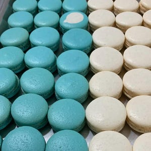 May include: Rows of colorful macarons, a French confection. The image features light blue and off-white macarons. One light blue macaron has a white speech bubble design. The macarons are round and have a textured surface.