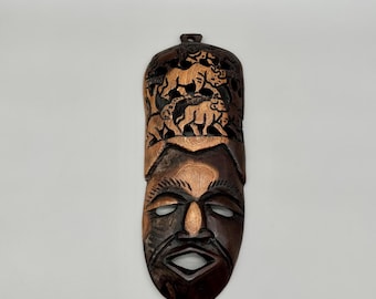 African Wooden Mask 15.7” – Hand Carved Tribal Wall Art – Animal Design
