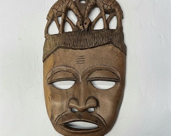 African Hand Carved Wooden Mask Wall Art – Wood Mask with Giraffe Design – Handmade Decor