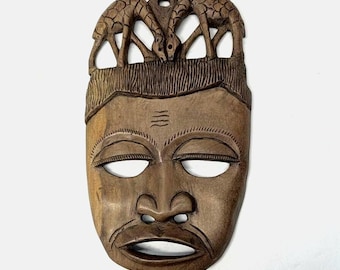 African Hand Carved Wooden Mask Wall Art – Wood Mask with Giraffe Design – Handmade Decor