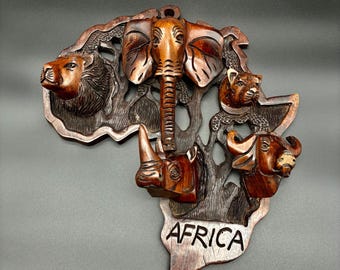 Hand-Carved vintage African  Wall Art – Large Wooden Africa Map Decor  16.5” x 16.5”