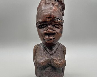 Hand Carved African Wooden Bust 12” – Vintage Tribal Sculpture – Folk Art