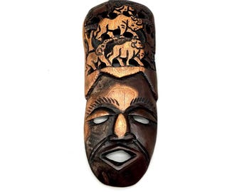 African Wooden Mask 15.7” – Hand Carved Tribal Wall Art – Animal Design