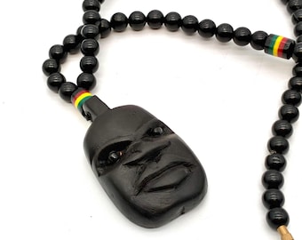 Ebony Wood Face Mask Necklace with Beads – Hand Carved African Tribal Pendant – Handmade Ethnic Statement Jewelry