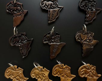 African Handmade Wooden Africa Map Keychain | Carved Animal Design | Authentic Artisan Gift