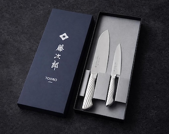Juego de cuchillos japoneses personalizados Santoku Petty de acero VG10, fabricados en Japón. Juego de cuchillos de cocina de acero inoxidable. Regalo ideal para el Día del Padre.