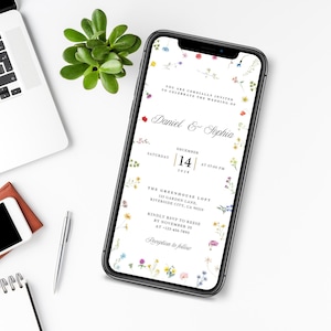 Redigerbar digital inbjudan till bröllop med bohemiska blommor, Canva-mall, bröllopsinbjudan med vildblommor, minimalistisk bröllopsinbjudan