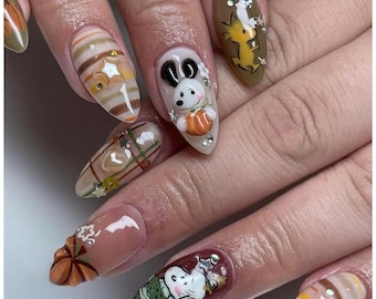 3D Cartoon Fall Press On Nails | Plaid Handmade Nail Set