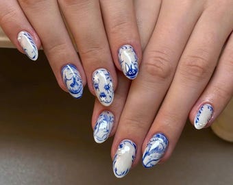 Blue Porcelain Dragon Nails | Elegant Asian Art Press On Set