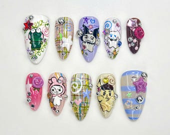 Kawaii 3D Character Press On Nails | Hand-Painted Cartoon Nail Art