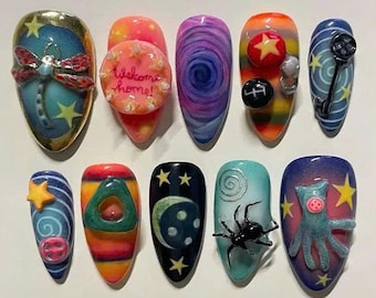 Whimsical Space Bug Press On Nails – 3D Dragonfly, Stars, Galaxy Swirl, Cute Cosmic Insects, Funky Mixed Design Nail Art,