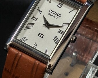 Unique Vintage Seiko Slim Tank Wristwatch: Leather Watch, Gift for