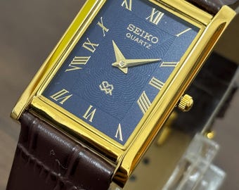 Raro reloj de pulsera vintage Seiko Slim Tank: esfera romana, reloj de cuero, estado de funcionamiento