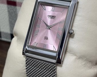 Vintage Seiko slim tank: Quartz wrist watch, mesh Bracelet, Gift