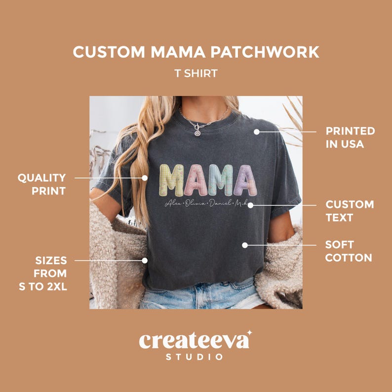Custom mama shirt with a faux patchwork design. Add your kids’ names and choose from soft pastel colors for a sweet, personalized look.