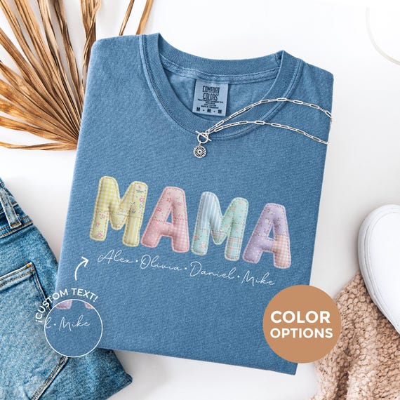 Custom Mama Shirt with Kids Names, Personalized Mom Gift, Floral Mama Shirt, Mothers Day Gift, Faux Patchwork Shirt, Comfort Colors Tee