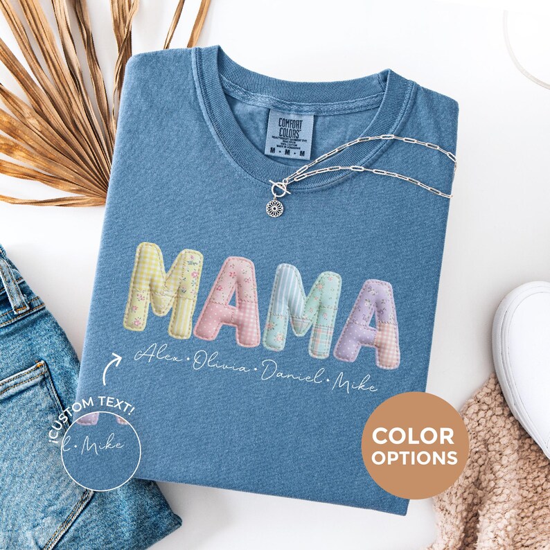 Custom mama shirt with a faux patchwork design. Add your kids’ names and choose from soft pastel colors for a sweet, personalized look.