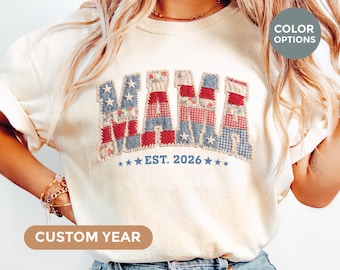 Camiseta Comfort Colors® Patriotic Mama, Camiseta American Mama con estampado de retazos, Camiseta Cottagecore del 4 de julio, Camiseta del 250 aniversario de EE. UU.