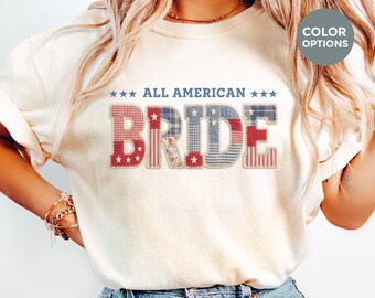 Camiseta Comfort Colors® American Bride, camiseta patriótica con estampado de retazos, ideal para el 4 de julio, despedida de soltera, compromiso o como regalo para la novia.