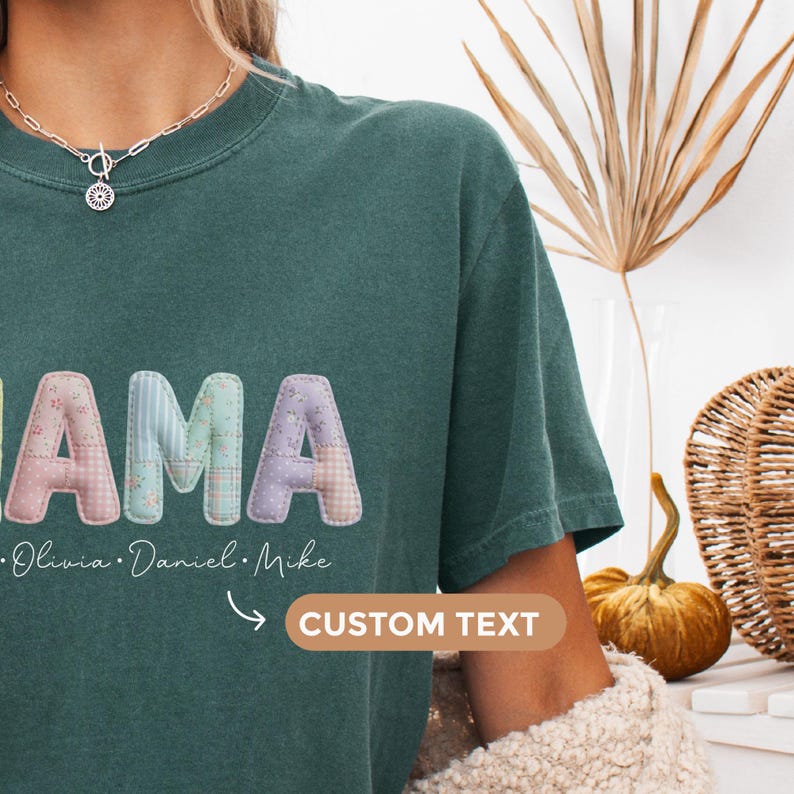 Custom mama shirt with a faux patchwork design. Add your kids’ names and choose from soft pastel colors for a sweet, personalized look.