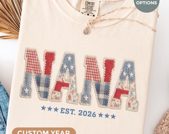 Camiseta patriótica para abuela Comfort Colors®, camiseta Nana con estampado de retazos, personalizada para el 4 de julio, 250 aniversario, regalo para Mimi, camiseta con fecha de fundación de Gigi