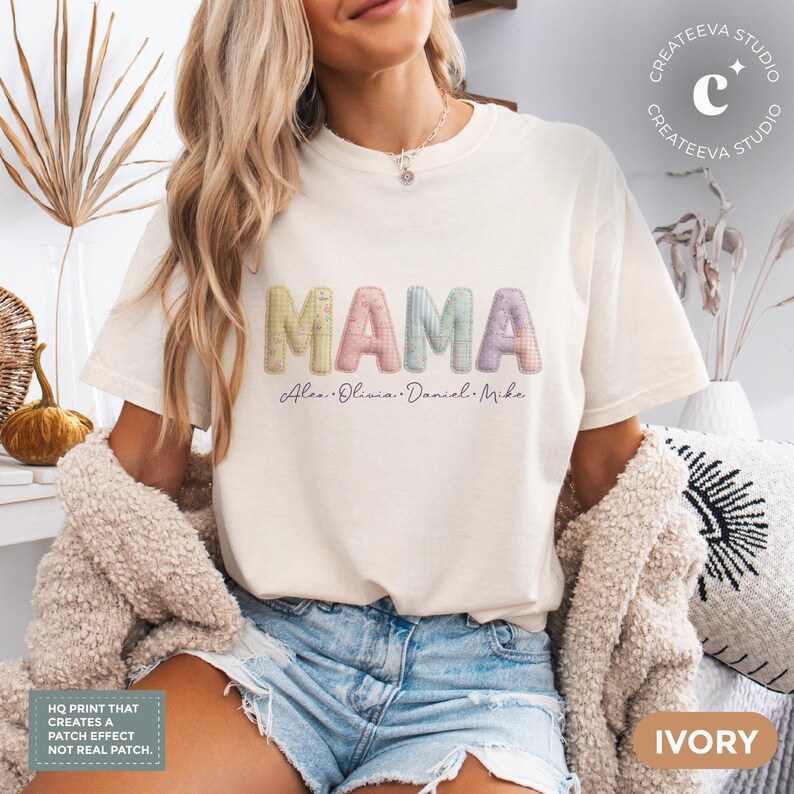 Custom mama shirt with a faux patchwork design. Add your kids’ names and choose from soft pastel colors for a sweet, personalized look.