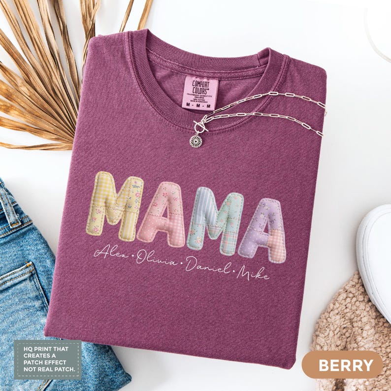 Custom mama shirt with a faux patchwork design. Add your kids’ names and choose from soft pastel colors for a sweet, personalized look.