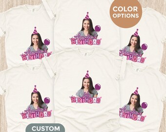 Camiseta de cumpleaños personalizada con foto, camiseta de cumpleaños con cara personalizada, camiseta de fiesta con collage rosa y morado, regalo de cumpleaños a juego para niña.