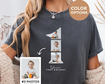 Camiseta con foto de primer cumpleaños para mamá y papá, camiseta personalizada con collage del número 1, camiseta personalizada para el primer cumpleaños de los padres, atuendo de fiesta a juego