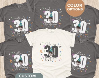Camiseta de cumpleaños personalizada con foto, camiseta de cumpleaños con cara personalizada, camiseta de fiesta grupal a juego, regalo de cumpleaños personalizado con nombre y edad.