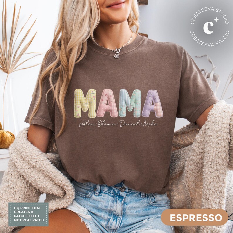 Custom mama shirt with a faux patchwork design. Add your kids’ names and choose from soft pastel colors for a sweet, personalized look.