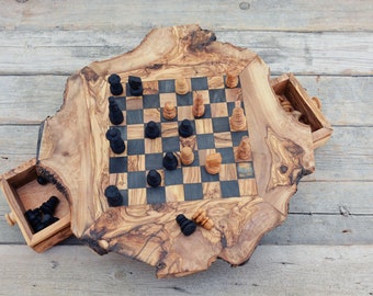 Fathers Day Gift, Personalized Unique Olive Wood Natural Edges Chess Set, Custom Wooden Chess Board Set Game