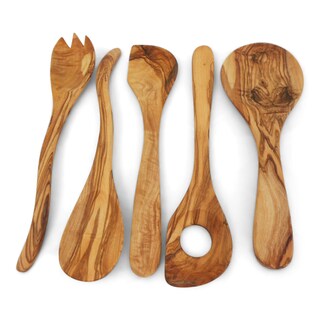 Set Di Utensili Da Cucina In Legno Di Teak, 6 Pezzi Con Supporto, Ecologici E Resistenti Al Calore