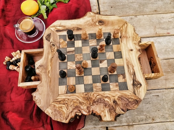 Custom Made Resin and Live Edge Olive Wooden Chess Board 