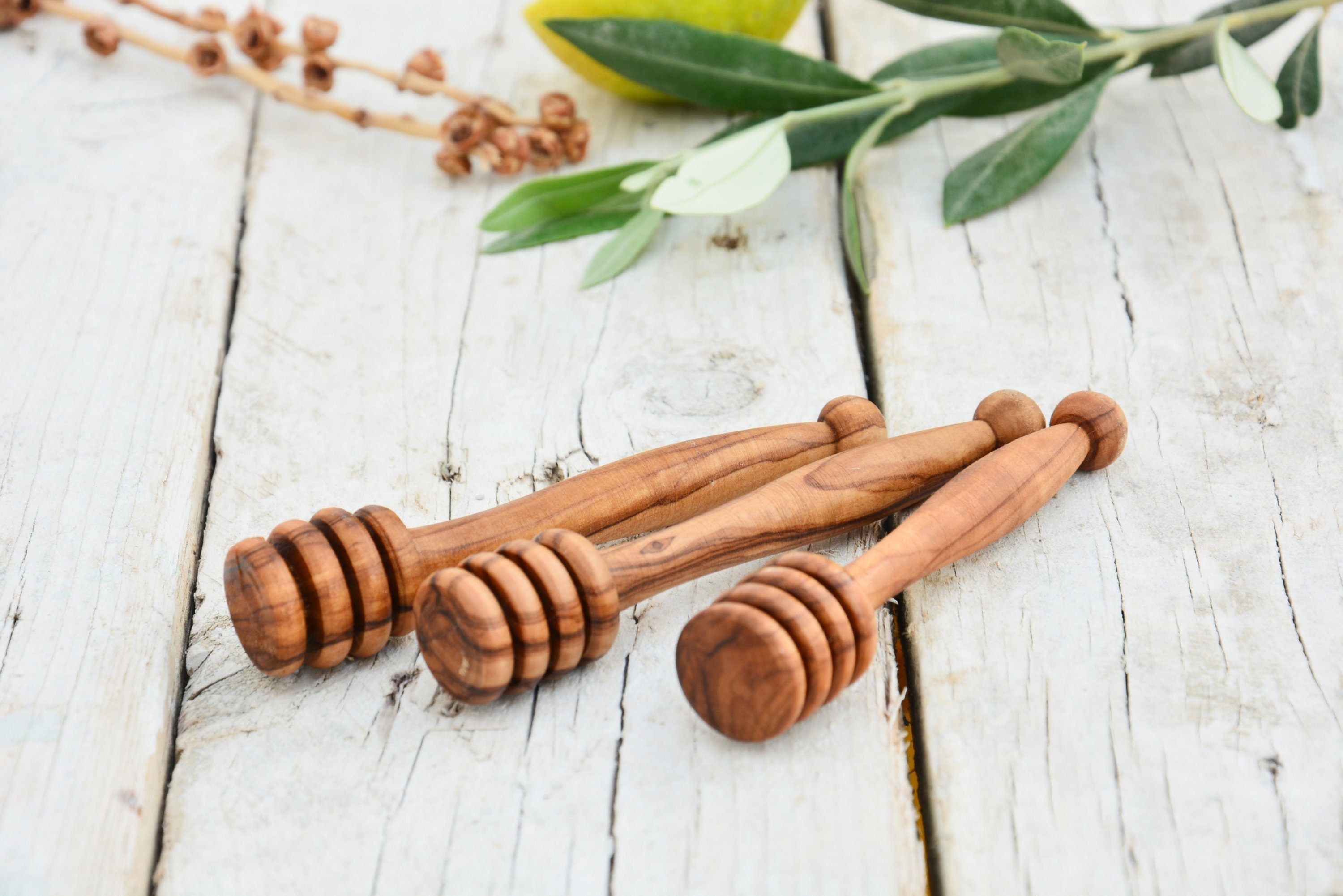Rustic Olive Wood Honey Dipper Drizzler Stick Wooden Honey Spoon 