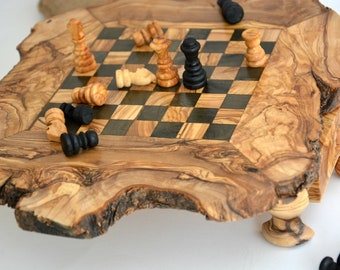Engraved Natural Edges Rustic Olive Wood Chess Set, Grand Dad gift