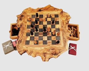 Uniek schaakspel, rustiek olijfhout schaakbord, aangepast houten schaakspel met monogram, papa cadeau, cadeau onder de 100