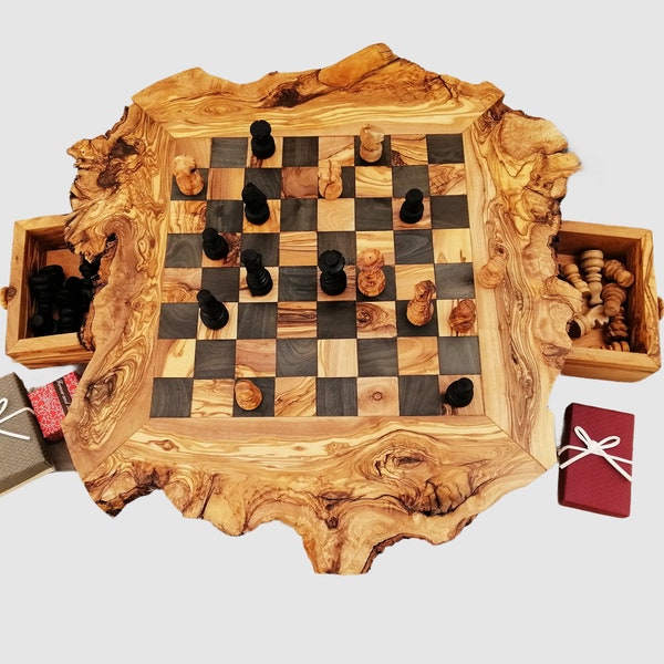 Unique Chess Set, Rustic Olive Wood Chess Board, Custom Monogrammed Wooden Chess Set Game, Dad gift, Gift Under 100