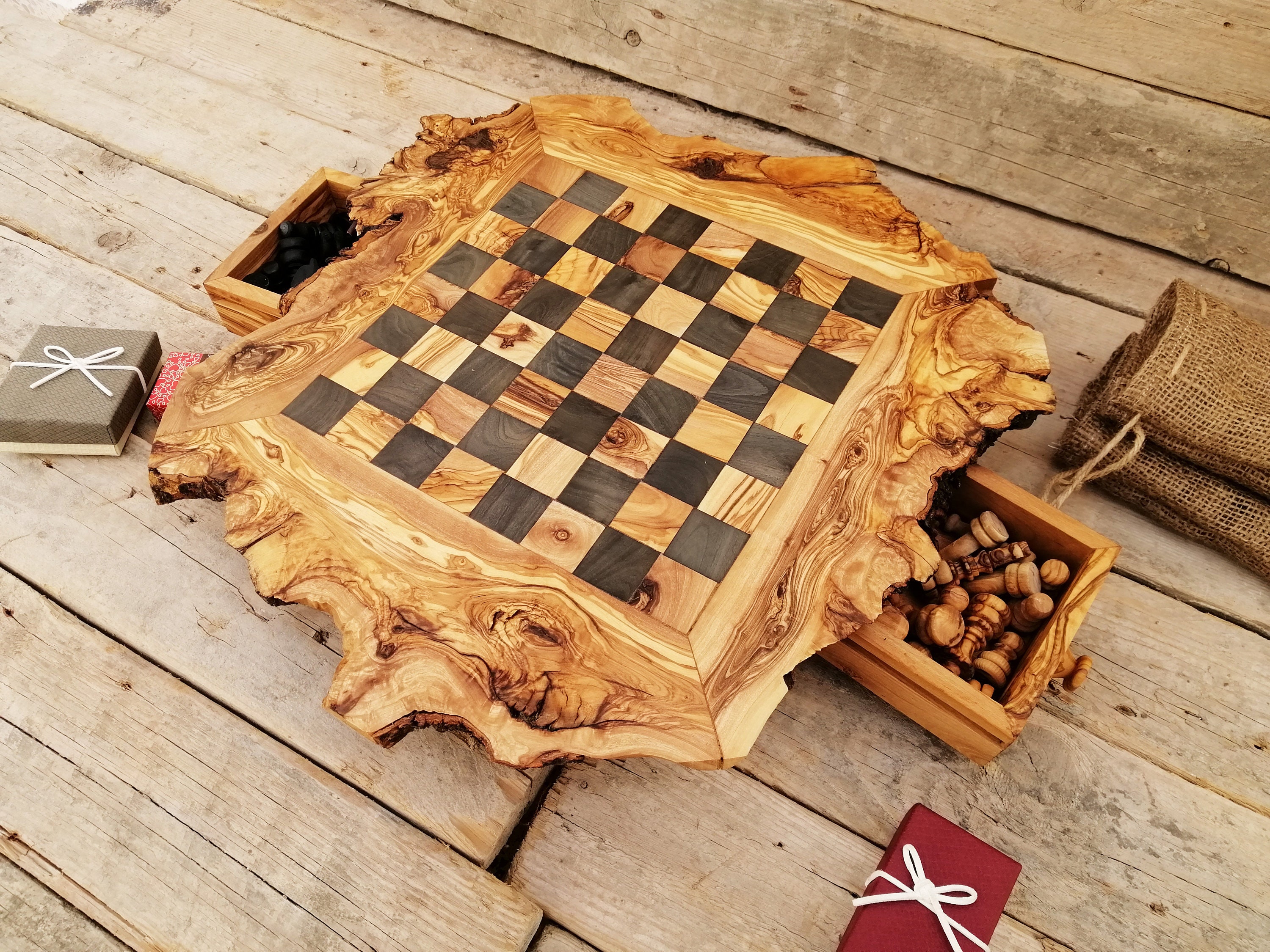 Olive Wood Rustic Chess Board Set with Resin Finish - Qartaj