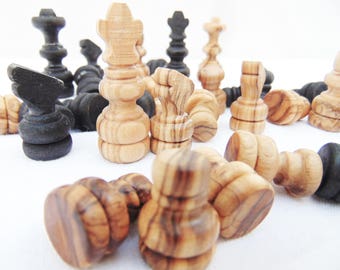 Medium Chess Pieces, Wooden Rustic Natural Black Chess Pieces, Birthday gift