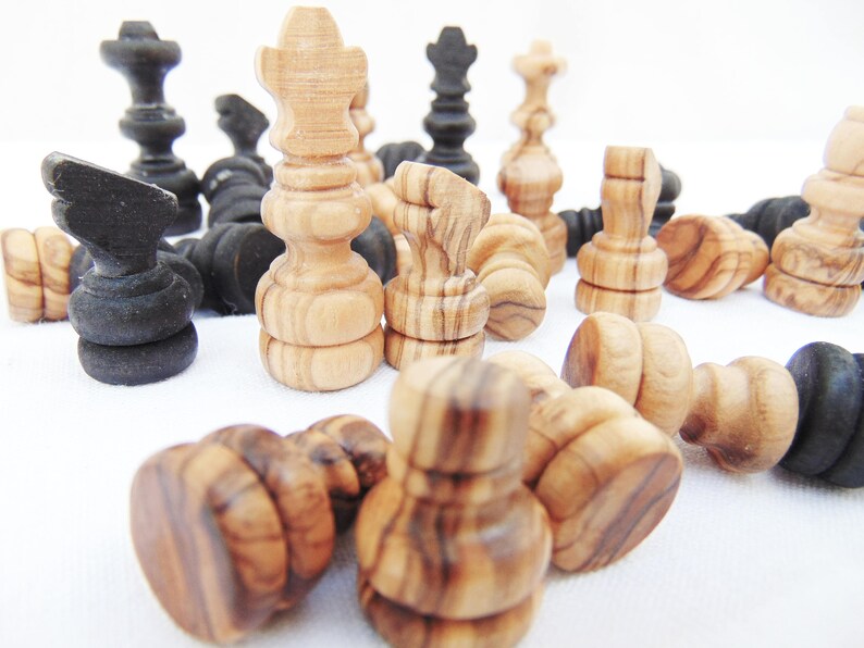 Olive Wood Hand Carved Um Chess Pieces Wooden Rustic Image 0