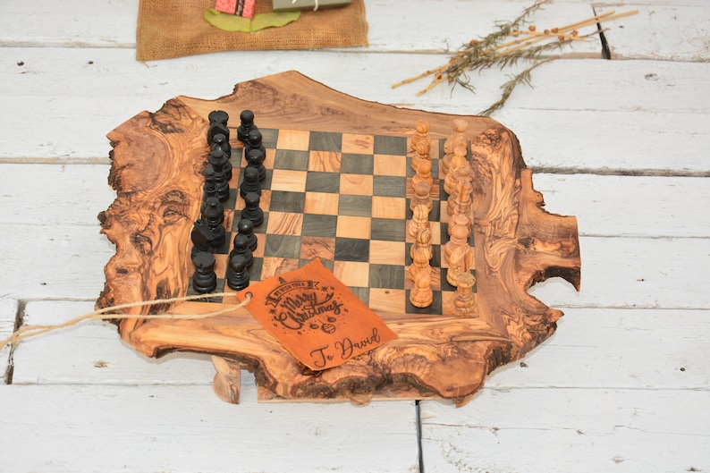 Rustic Chess Set, Unique Natural Edges Chess Set, Wooden Chess Board Set Game, Dad gift Yes