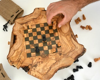 Engraved Unique Olive Wood Rustic Chess Set